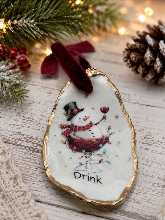 Other - Holiday Snowman 'Drink' Oyster Shell Ornament - Red Accent